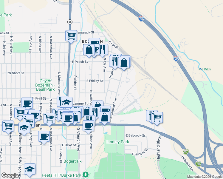 map of restaurants, bars, coffee shops, grocery stores, and more near 229 North Broadway Avenue in Bozeman