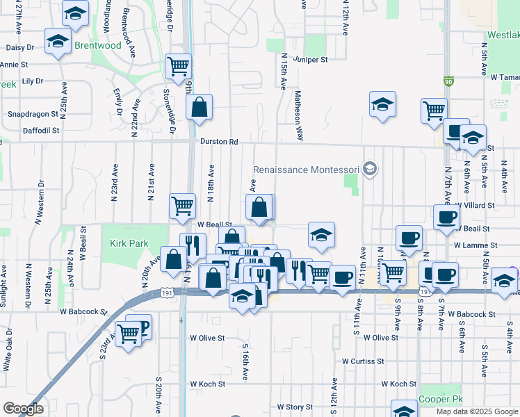 map of restaurants, bars, coffee shops, grocery stores, and more near 303 North 16th Avenue in Bozeman
