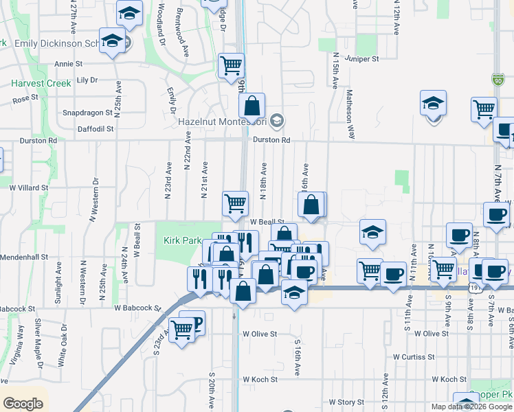 map of restaurants, bars, coffee shops, grocery stores, and more near 1821 West Beall Street in Bozeman