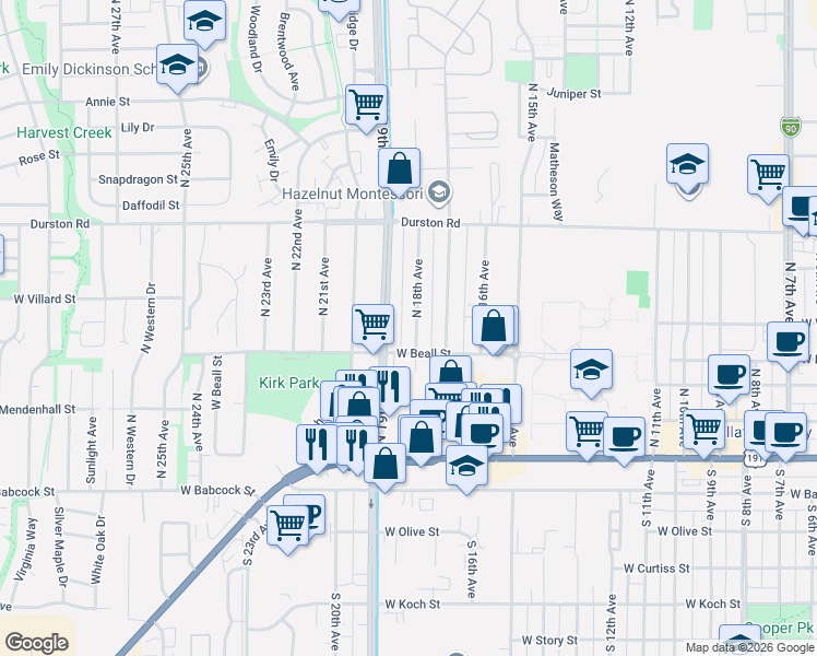map of restaurants, bars, coffee shops, grocery stores, and more near 1821 West Beall Street in Bozeman