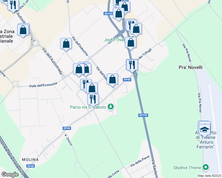 map of restaurants, bars, coffee shops, grocery stores, and more near 24 Via Lampertico in Thiene