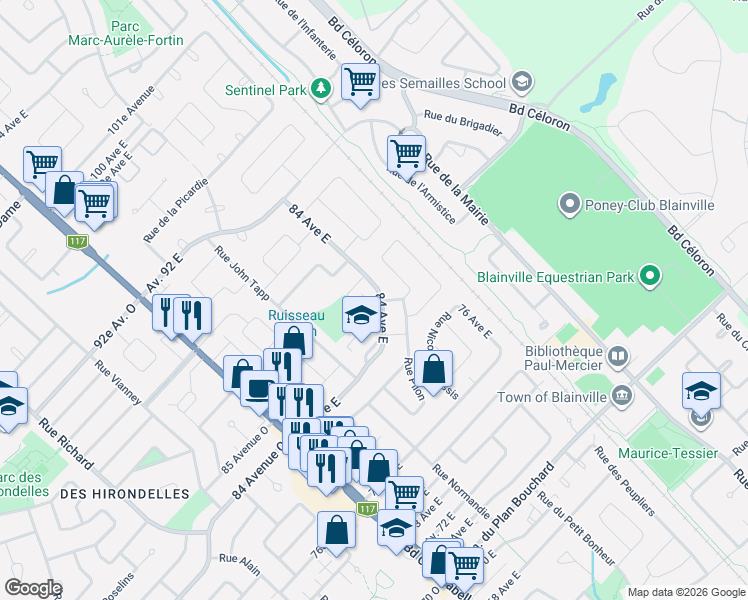 map of restaurants, bars, coffee shops, grocery stores, and more near 84 Avenue 84 Est in Blainville