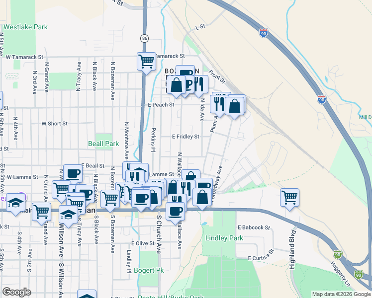 map of restaurants, bars, coffee shops, grocery stores, and more near 222-298 N Wallace Ave in Bozeman