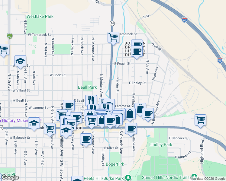 map of restaurants, bars, coffee shops, grocery stores, and more near 318 North Rouse Avenue in Bozeman