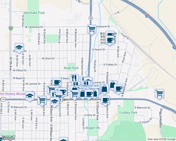 map of restaurants, bars, coffee shops, grocery stores, and more near 318 North Rouse Avenue in Bozeman