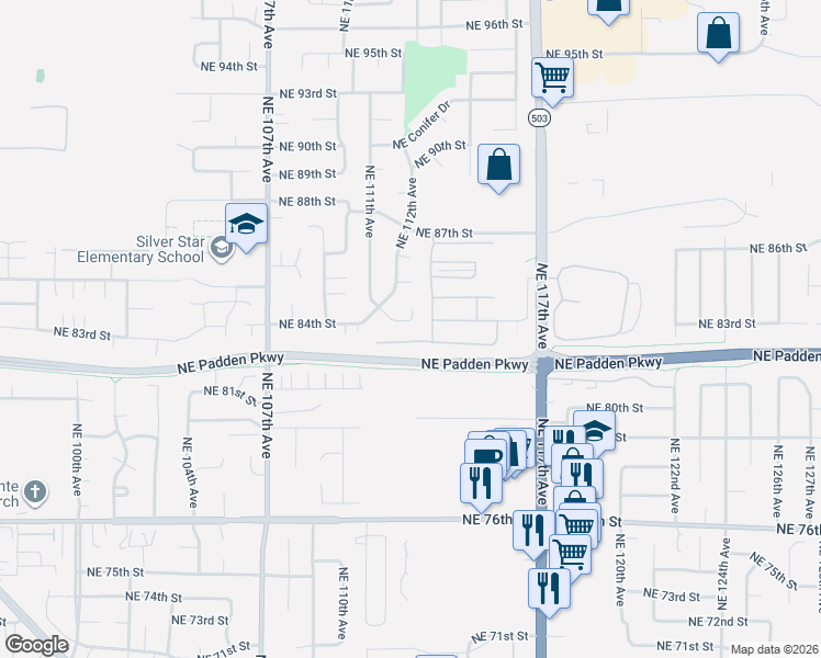 map of restaurants, bars, coffee shops, grocery stores, and more near 8600 Northeast 117th Avenue in Vancouver