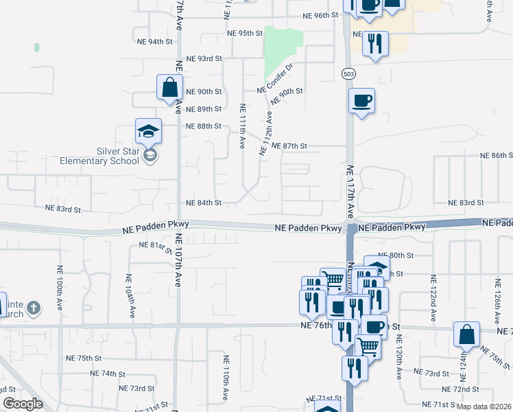 map of restaurants, bars, coffee shops, grocery stores, and more near 8600 Northeast 117th Avenue in Vancouver