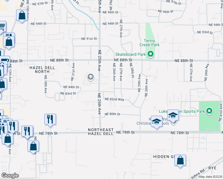 map of restaurants, bars, coffee shops, grocery stores, and more near 2523 Northeast 83rd Way in Vancouver