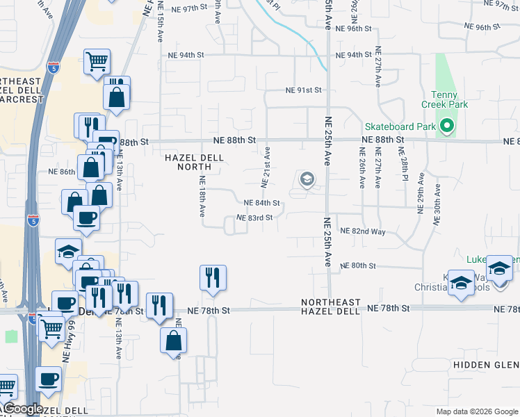 map of restaurants, bars, coffee shops, grocery stores, and more near 8220 Northeast 21st Place in Vancouver
