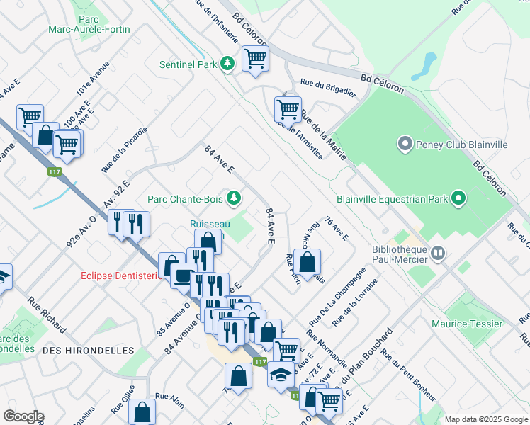 map of restaurants, bars, coffee shops, grocery stores, and more near 84 Avenue 84 Est in Blainville