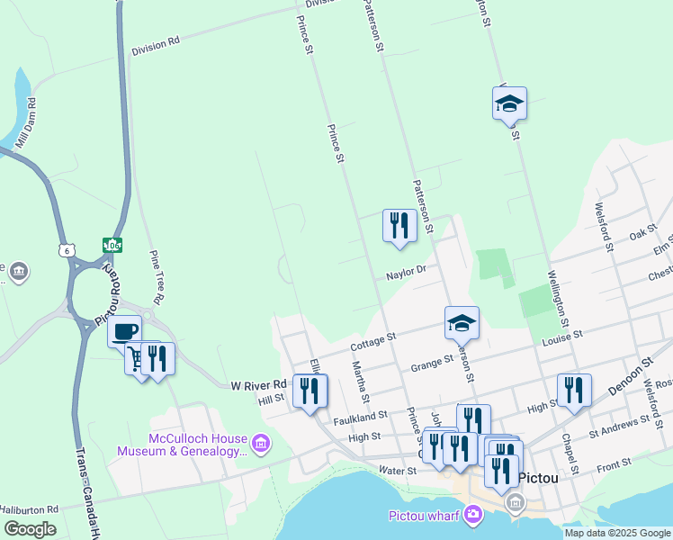 map of restaurants, bars, coffee shops, grocery stores, and more near 33 Princeton Court in Pictou