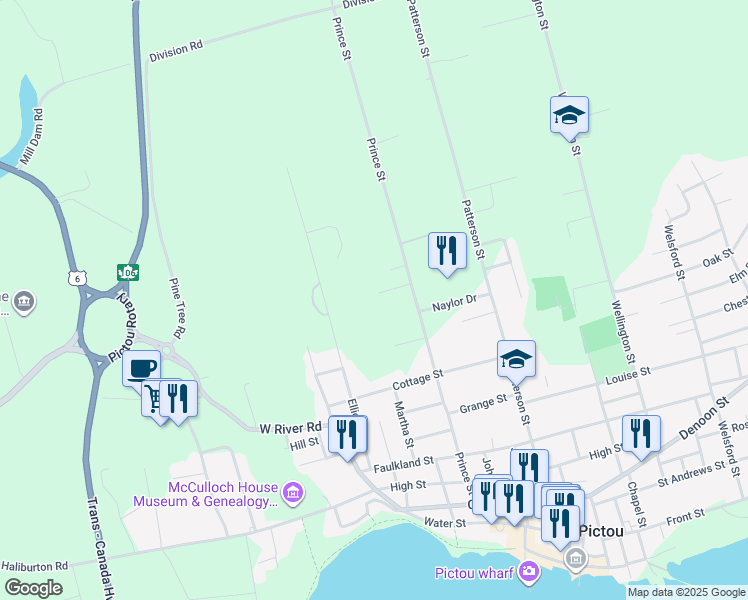map of restaurants, bars, coffee shops, grocery stores, and more near 33 Princeton Court in Pictou