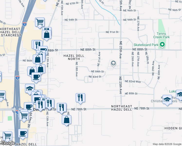 map of restaurants, bars, coffee shops, grocery stores, and more near 2001 Northeast 84th Street in Vancouver
