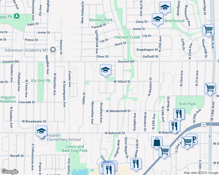 map of restaurants, bars, coffee shops, grocery stores, and more near 2962 West Villard Street in Bozeman