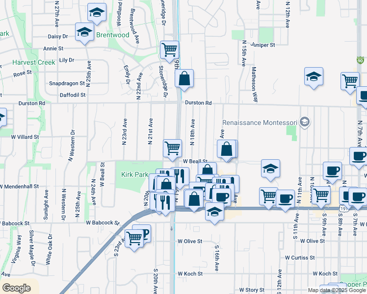 map of restaurants, bars, coffee shops, grocery stores, and more near 314 North 19th Avenue in Bozeman