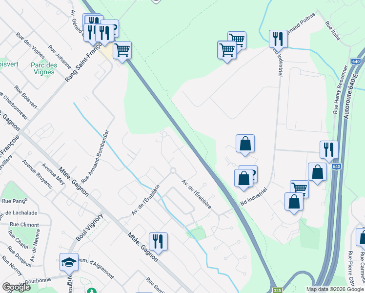map of restaurants, bars, coffee shops, grocery stores, and more near 149 Avenue du Sablon in Bois-des-Filion