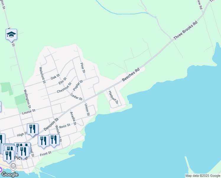 map of restaurants, bars, coffee shops, grocery stores, and more near 103 Beeches Road in Pictou