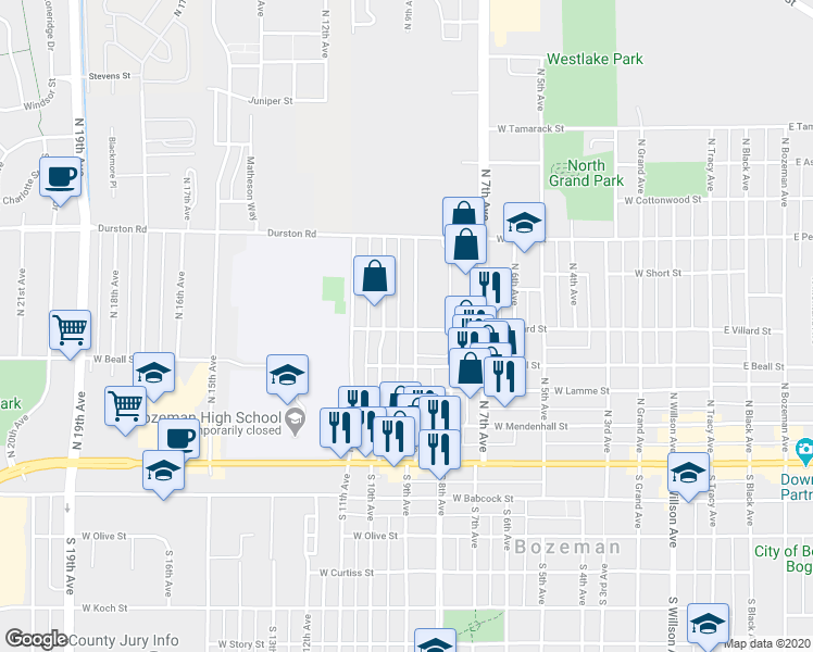 map of restaurants, bars, coffee shops, grocery stores, and more near 315 North 9th Avenue in Bozeman