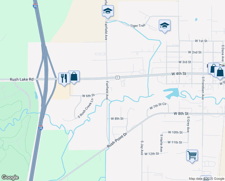 map of restaurants, bars, coffee shops, grocery stores, and more near 450 South Fairfield Avenue in Rush City
