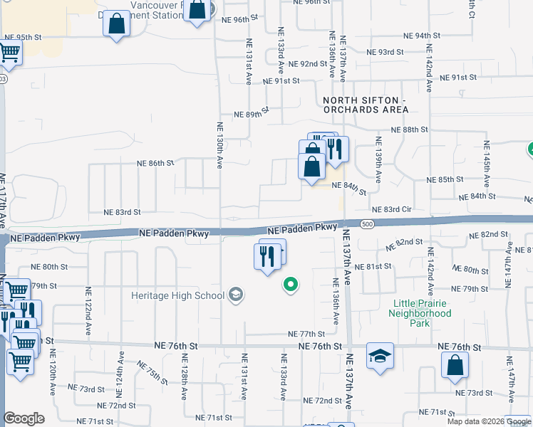 map of restaurants, bars, coffee shops, grocery stores, and more near 13208 Northeast 83rd Street in Vancouver