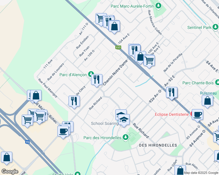 map of restaurants, bars, coffee shops, grocery stores, and more near 17 Rue des Perdrix in Blainville