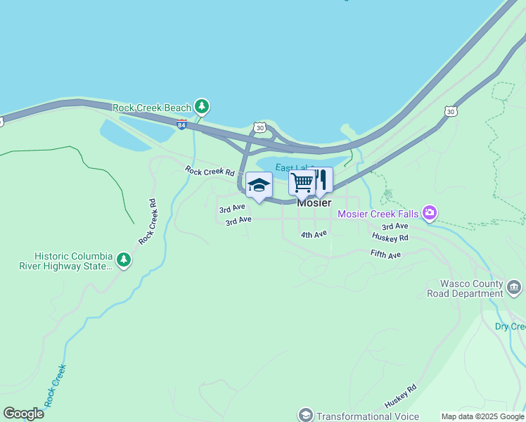 map of restaurants, bars, coffee shops, grocery stores, and more near 1204 1st Avenue in Mosier