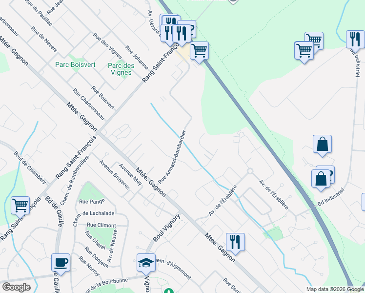 map of restaurants, bars, coffee shops, grocery stores, and more near 990 Rue Armand Bombardier in Terrebonne
