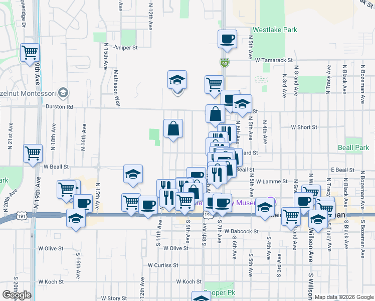 map of restaurants, bars, coffee shops, grocery stores, and more near 315 North 9th Avenue in Bozeman