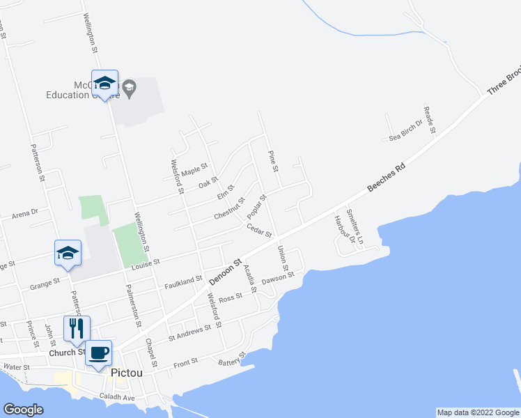 map of restaurants, bars, coffee shops, grocery stores, and more near 177 Poplar Street in Pictou