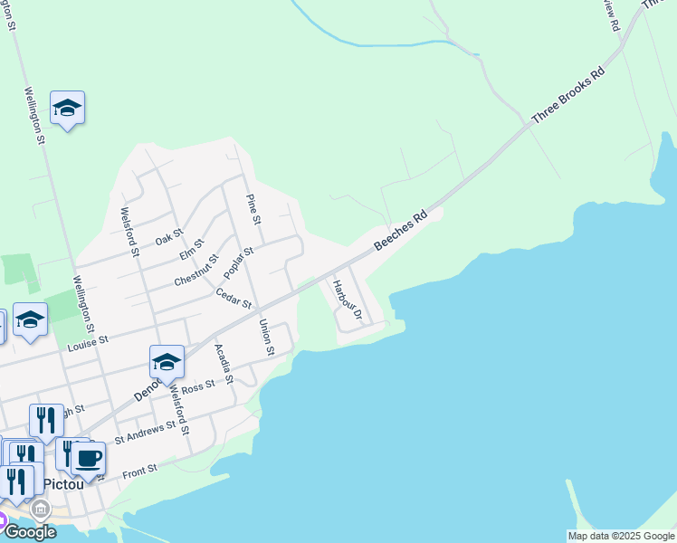 map of restaurants, bars, coffee shops, grocery stores, and more near 103 Beeches Road in Pictou