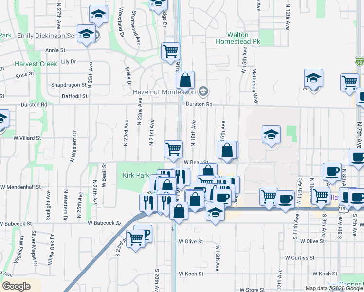 map of restaurants, bars, coffee shops, grocery stores, and more near 1821 West Beall Street in Bozeman
