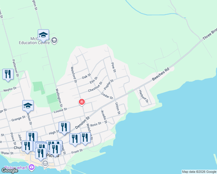 map of restaurants, bars, coffee shops, grocery stores, and more near 177 Poplar Street in Pictou