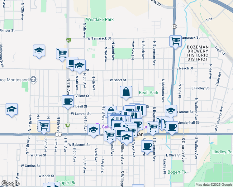 map of restaurants, bars, coffee shops, grocery stores, and more near 113 West Villard Street in Bozeman