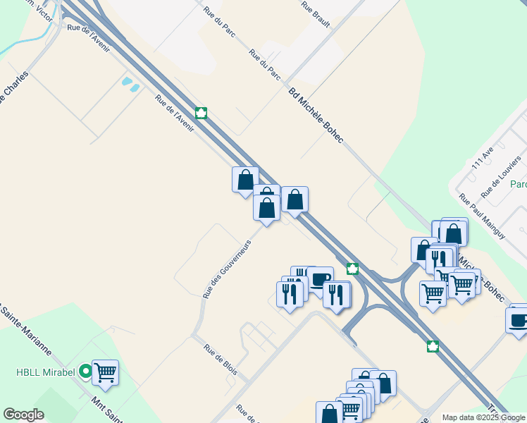 map of restaurants, bars, coffee shops, grocery stores, and more near 12300 Rue de l'Avenir in Mirabel