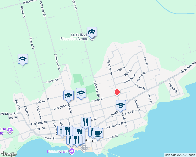 map of restaurants, bars, coffee shops, grocery stores, and more near 21 Oak Street in Pictou
