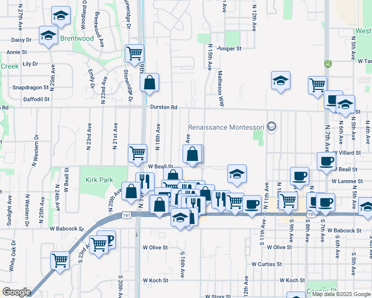 map of restaurants, bars, coffee shops, grocery stores, and more near 323 North 16th Avenue in Bozeman