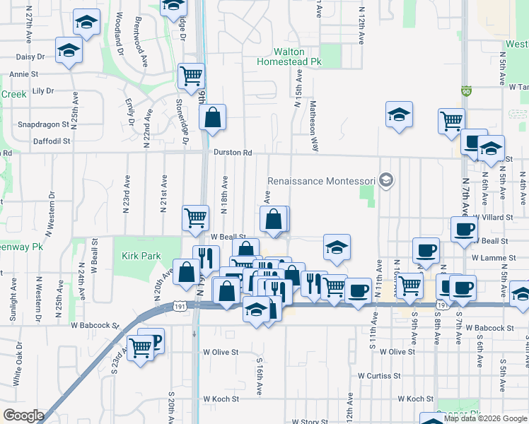 map of restaurants, bars, coffee shops, grocery stores, and more near 325 North 16th Avenue in Bozeman