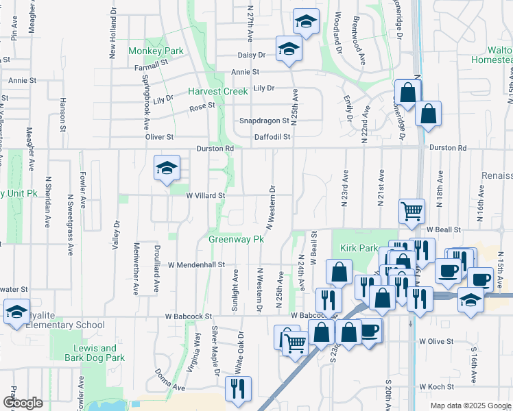 map of restaurants, bars, coffee shops, grocery stores, and more near 2605 West Villard Street in Bozeman