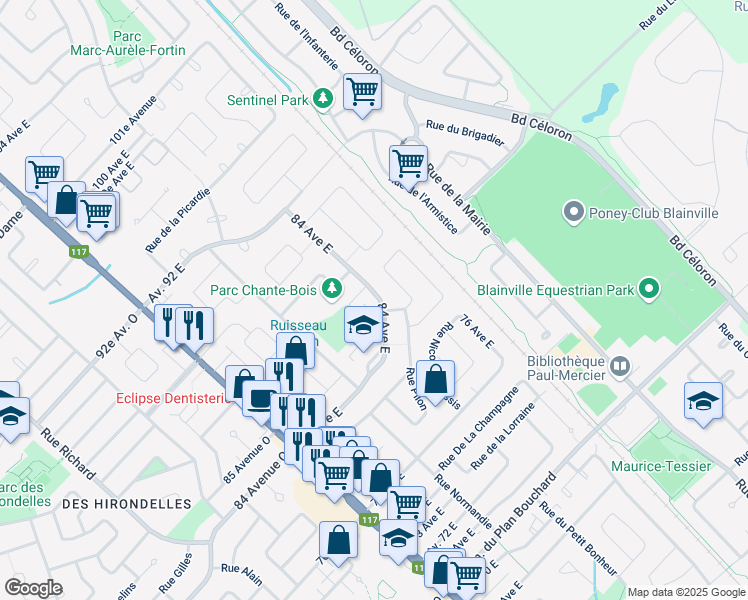 map of restaurants, bars, coffee shops, grocery stores, and more near 92 Avenue 84 Est in Blainville