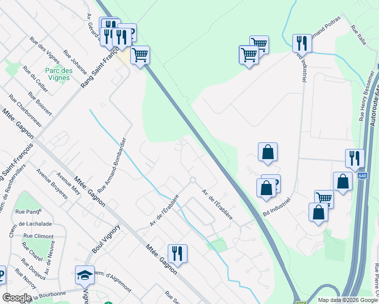 map of restaurants, bars, coffee shops, grocery stores, and more near 150 Avenue du Sablon in Bois-des-Filion