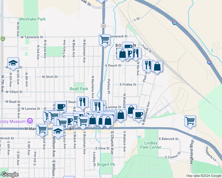 map of restaurants, bars, coffee shops, grocery stores, and more near 402 N Church Ave in Bozeman