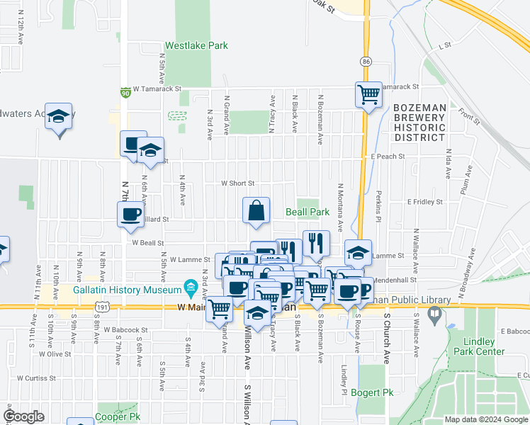 map of restaurants, bars, coffee shops, grocery stores, and more near 427 North Tracy Avenue in Bozeman