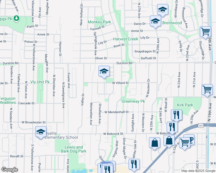 map of restaurants, bars, coffee shops, grocery stores, and more near 3001 West Villard Street in Bozeman