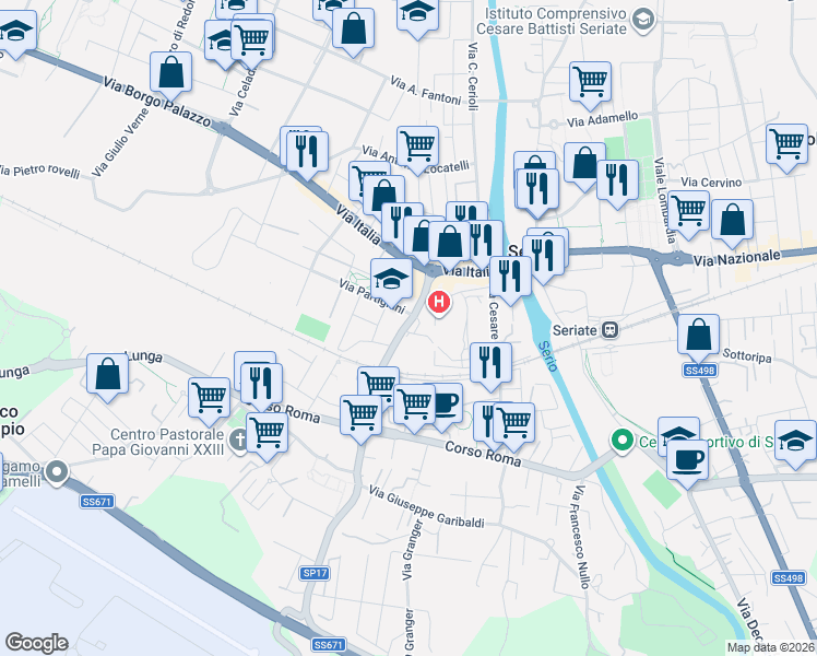 map of restaurants, bars, coffee shops, grocery stores, and more near 19 Via Paderno in Seriate