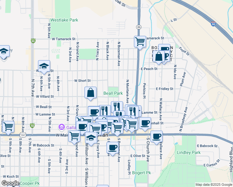 map of restaurants, bars, coffee shops, grocery stores, and more near 409 North Bozeman Avenue in Bozeman