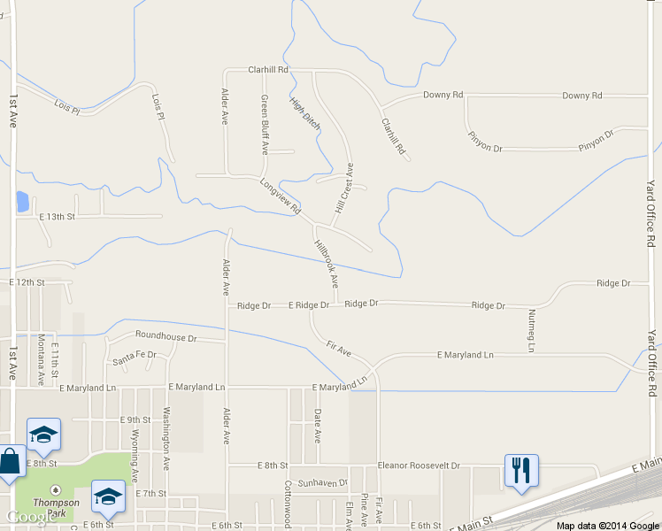 map of restaurants, bars, coffee shops, grocery stores, and more near Hillbrook Avenue in Laurel