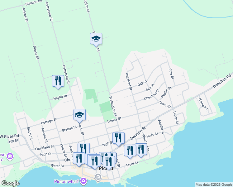 map of restaurants, bars, coffee shops, grocery stores, and more near 21 Oak Street in Pictou