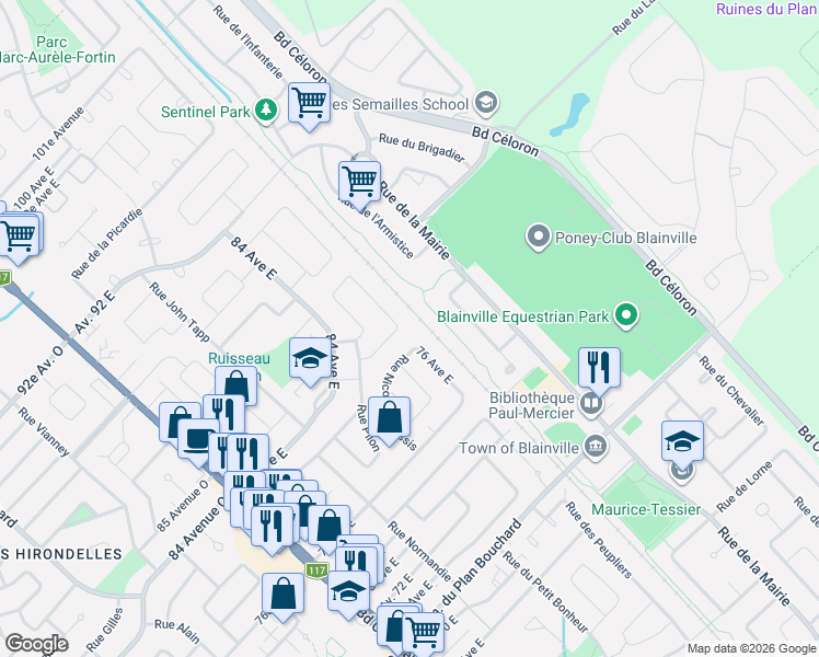map of restaurants, bars, coffee shops, grocery stores, and more near 71 Rue de la Charente in Blainville