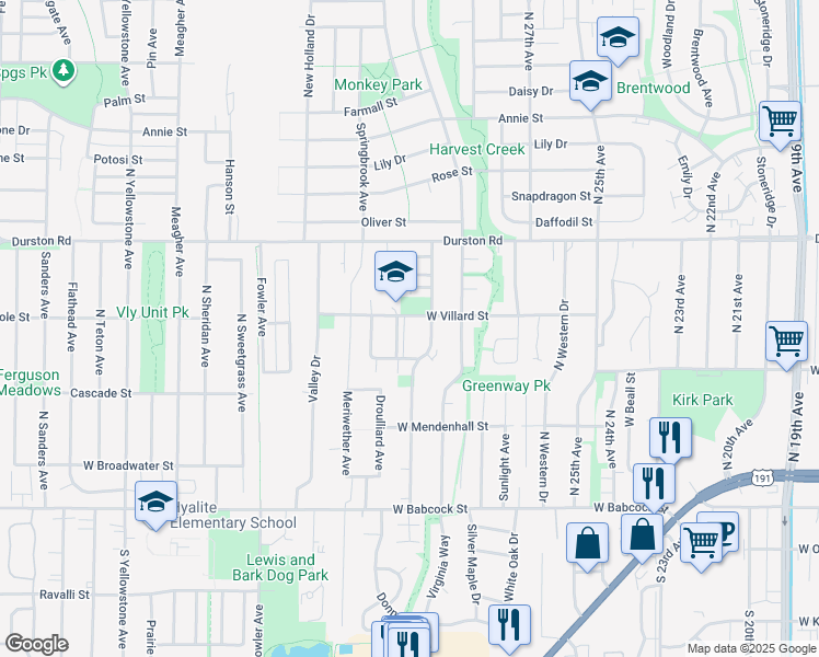 map of restaurants, bars, coffee shops, grocery stores, and more near 3001 West Villard Street in Bozeman