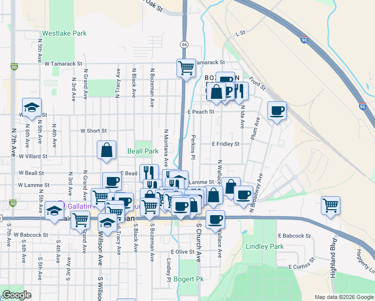 map of restaurants, bars, coffee shops, grocery stores, and more near 512 North Rouse Avenue in Bozeman